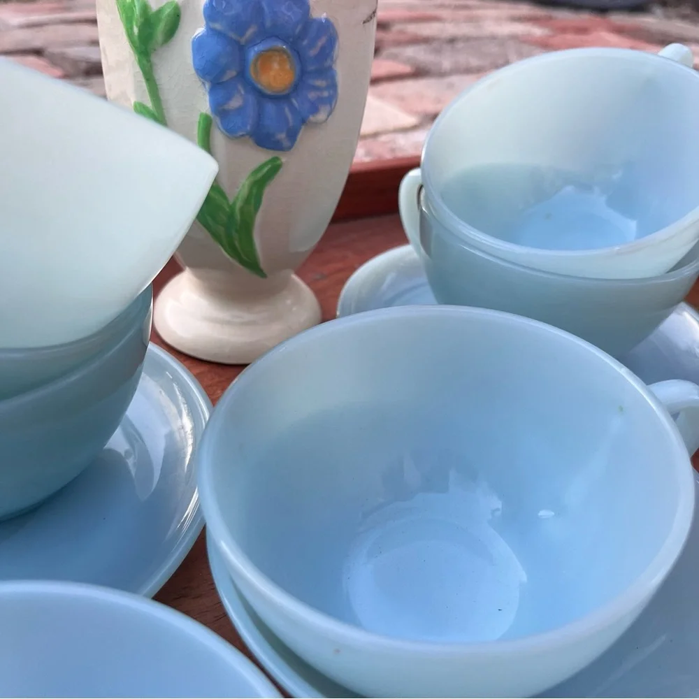 Vintage Blue Fire King Teacup Set with Floral Vase - Picture 5 of 5
